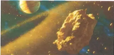 Ilustración de un cometa con su cola visible cerca del Sol y la Tierra.
