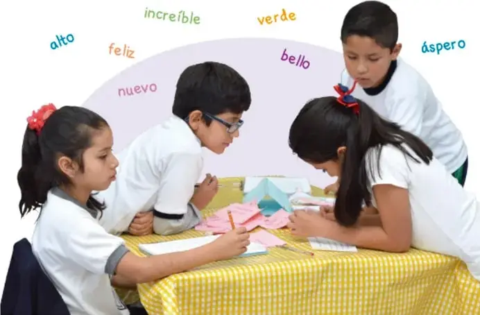 Fotografía de cuatro estudiantes de primaria con uniforme escolar alrededor de una mesa con mantel amarillo y cuadros, trabajando en equipo con papeles de colores. Alrededor flotan adjetivos: alto, increíble, feliz, verde, nuevo, bello, áspero.