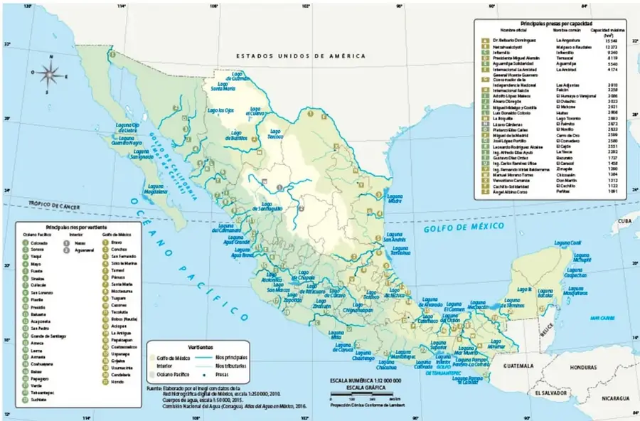 Mapa temático de México que muestra las principales lagunas, lagos, ríos y cuencas por vertiente (océano Pacífico y golfo de México), localización de presas importantes con su capacidad en MW, escala numérica 1:3 500 000 y leyenda de vertientes.