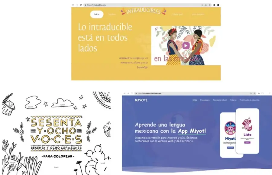 Captura del sitio web intraducibles.org con fondo amarillo, lema 'Lo intraducible está en todos lados' e ilustración de dos mujeres indígenas.