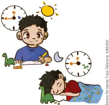 Ilustración de un niño de día estudiando con un reloj y de noche durmiendo con otro reloj