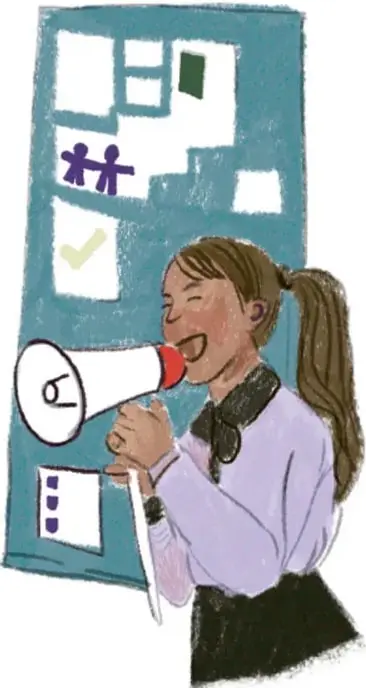 Ilustracion de una nina con megafono frente a un tablero con dibujos de personas y una palomita, simbolizando la difusion del reglamento.
