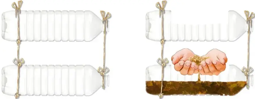 Dos botellas de plástico recicladas colgadas con cordel, formando un contenedor horizontal; en la de la derecha se ven dos manos sembrando semillas sobre tierra oscura. Rótulo: 'Materiales con los que se puede hacer un huerto escolar' y 'Tierra, macetas, botellas o canastas'.