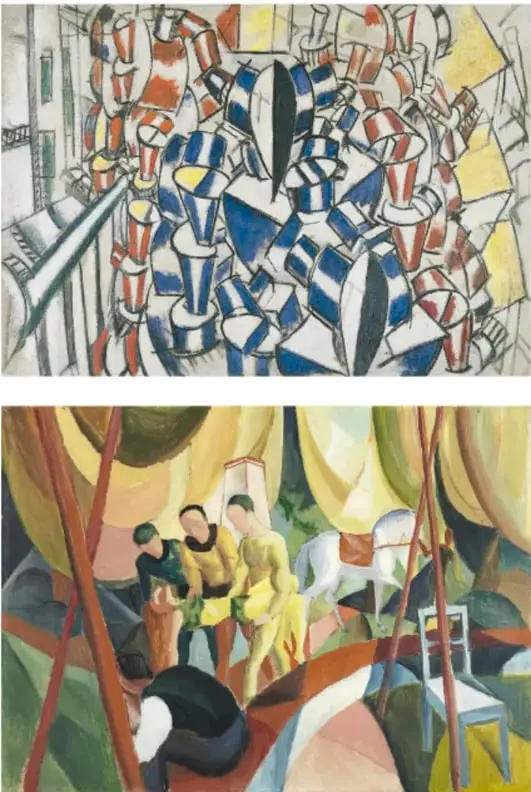 Reproducción de La escalera (Segundo Estado) (1914) de Fernand Léger: composición geométrica con figuras y escaleras.