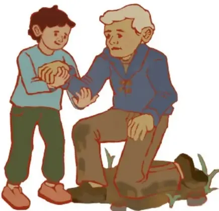 Ilustración de un niño que ayuda a un anciano a levantarse de un charco; el anciano tiene una bolsa en la mano. Crédito: Jodselin Hernández Falcón, Estado de México.