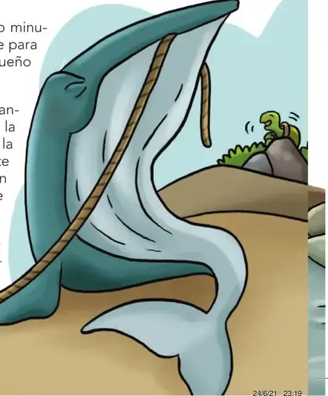 Ilustración de un elefante azul jalando una cuerda en un paisaje con árbol; representa la escena del cuento.