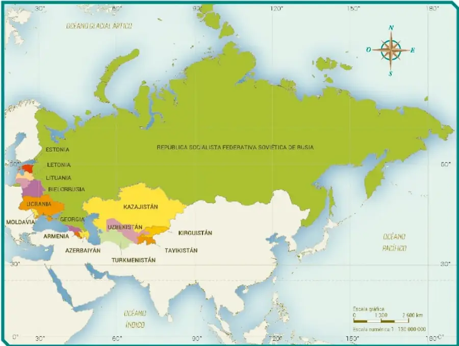 Mapa político de la URSS con las repúblicas que la integraron, océanos Ártico, Pacífico e Índico, escala gráfica y rosa de los vientos.