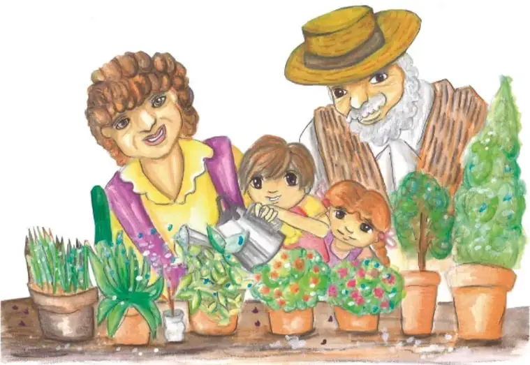Ilustración de una familia (una mujer, un hombre con sombrero y dos niñas) regando y cuidando varias plantas con regadera, entre macetas con plantas de distintos tipos y colores. Crédito: María del Rosario Escobar Fierro, JALOSIB.