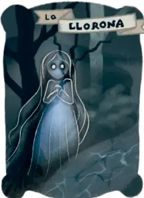 Ilustración de La Llorona: figura femenina vestida de blanco, con velo, junto a un río y árboles, con el título 'La Llorona'.