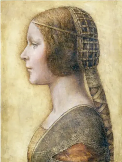 Retrato 'Perfil de una joven prometida' (1495): mujer joven de perfil, con redecilla dorada en la cabeza, cabello recogido en una larga trenza y vestido con mangas bordadas.