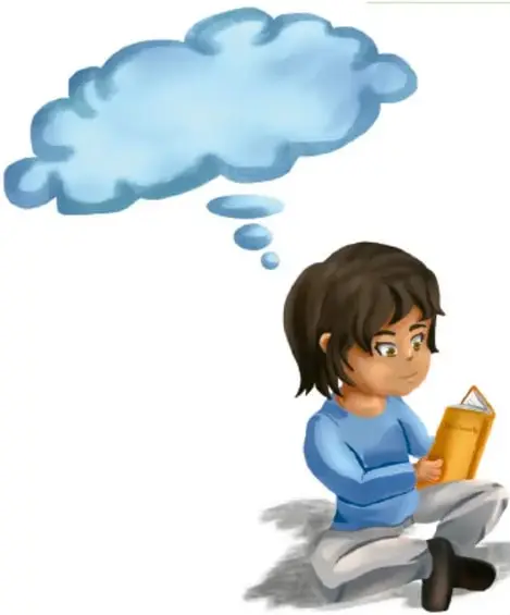 Ilustración de una niña sentada leyendo un libro, con una nube de pensamiento azul sobre su cabeza.