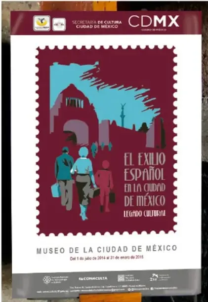 Cartel del Museo de la Ciudad de México: «El exilio español en la Ciudad de México. Legado cultural», con imagen de siluetas de personas frente a una arquitectura colonial, sobre fondo granate, en formato de sello postal.
