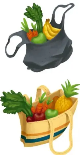 Ilustración de una bolsa de tela oscura con verduras y frutas frescas dentro.