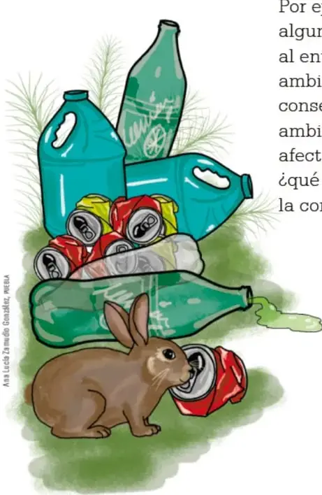Ilustración de botellas de plástico, latas y un conejo junto a desechos, relacionada con la contaminación ambiental.