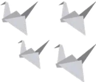 Cuatro figuras de aves de papel (origami) en tonos grises, dos de ellas con las alas desplegadas.