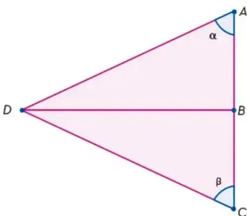 Triángulo isósceles con vértice D y base AC, B punto medio de AC, ángulos α y β marcados.