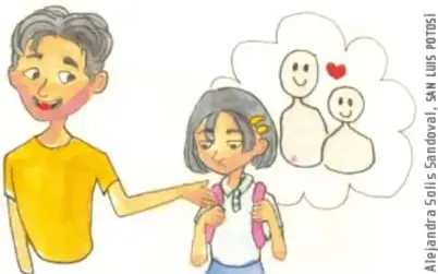 Ilustración de un niño (Amsi) que toma del brazo a una niña (Lali), quien piensa en una familia feliz con corazón; firma del ilustrador: Alejandro Solís Sandoval, SIN LUGAR, POTOSÍ.