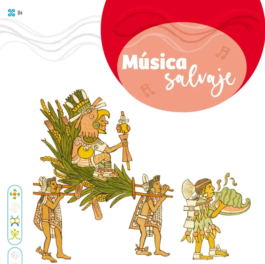 Círculo rojo con el título «Música salvaje» en letras blancas y caligráficas, acompañado de notas musicales.
