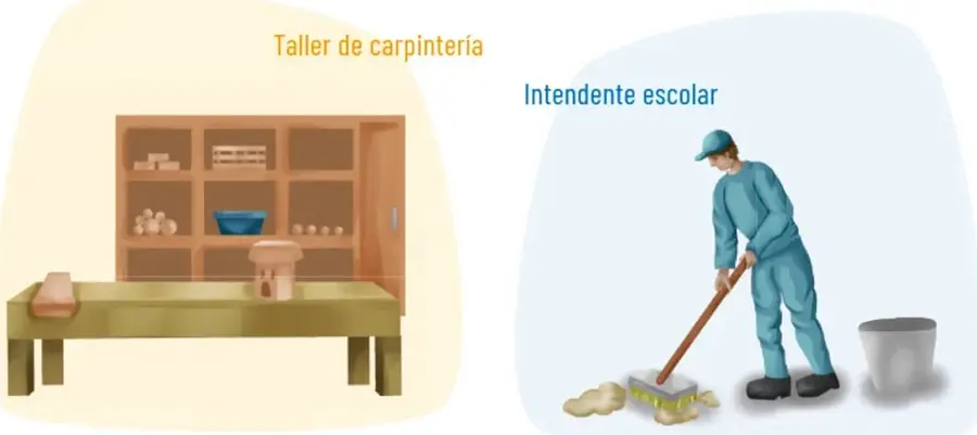 Ilustración de un taller de carpintería con estantes, herramientas y una mesa de trabajo.