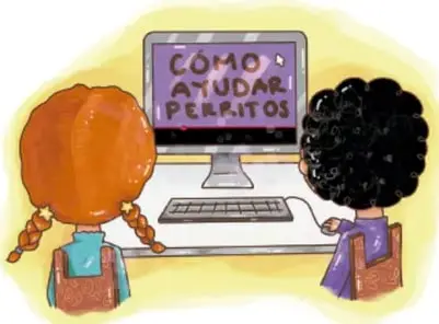 Dos niñas sentadas frente a una computadora que muestra la pantalla 'CÓMO AYUDAR PERRITOS'; ilustración de Cristy Ailed Reyes Espinosa, Zacatecas.