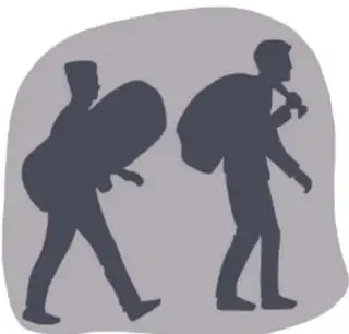 Ilustración de dos siluetas de personas caminando con mochilas y bultos, representando a migrantes en tránsito.