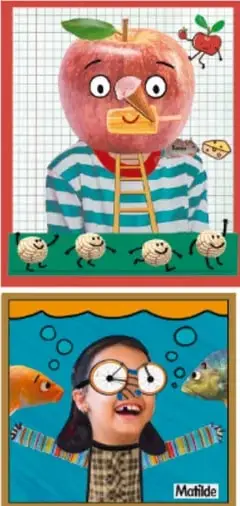 Dos collages ilustrados: un niño con cabeza de manzana con gusanitos y hombrecitos de papel (Matilde), y una niña buceando con lentes entre peces (Matilde).