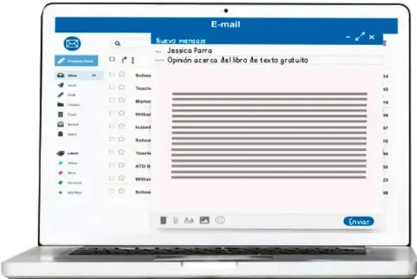 Ilustración de una computadora portátil mostrando una ventana de correo electrónico con un mensaje escrito.