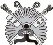 Emblema decorativo con herramientas y rostro prehispánico, propio de los libros de proyectos comunitarios.