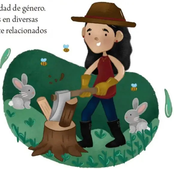 Ilustración de una mujer con hacha y tronco, acompañada de conejos y abejas.