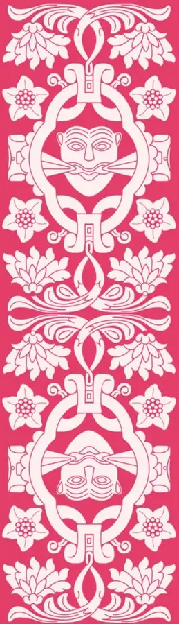 Ilustración decorativa en blanco sobre fondo rosa con motivos florales y dos rostros prehispánicos estilizados dentro de marcos ovalados, al estilo de la iconografía mesoamericana.