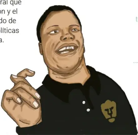 Ilustración de Matías Alanís Álvarez, joven con camisa negra y un escudo en el pecho, haciendo un gesto con la mano.
