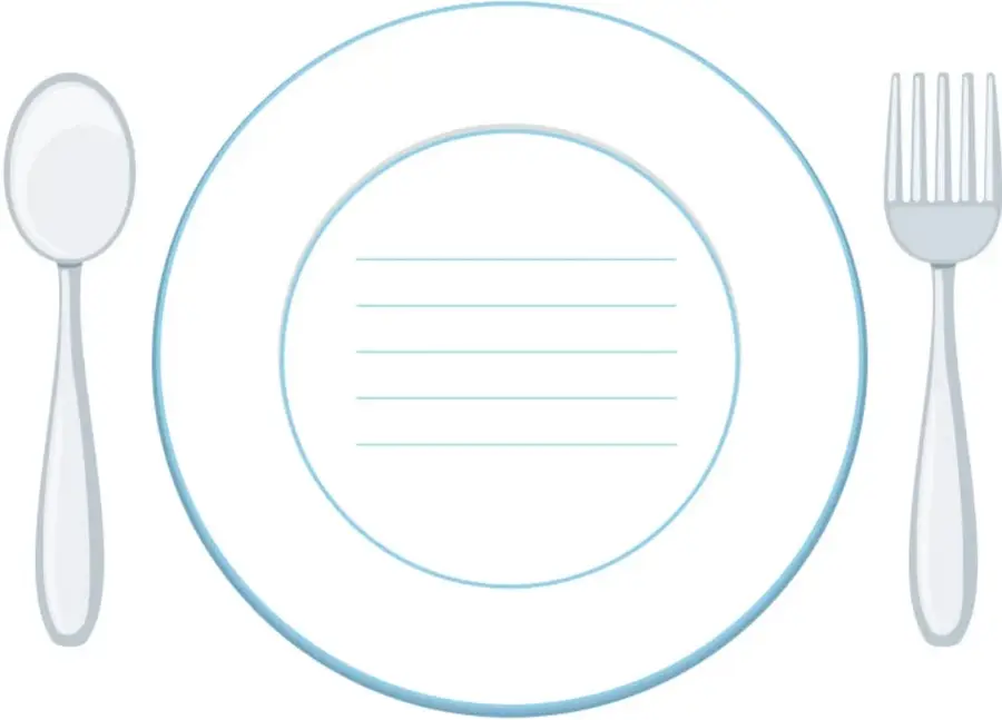 Ilustración de un lugar de mesa: cuchara a la izquierda, plato circular azul con cinco líneas interiores para escribir y tenedor a la derecha; plantilla para dibujar en cartulina.