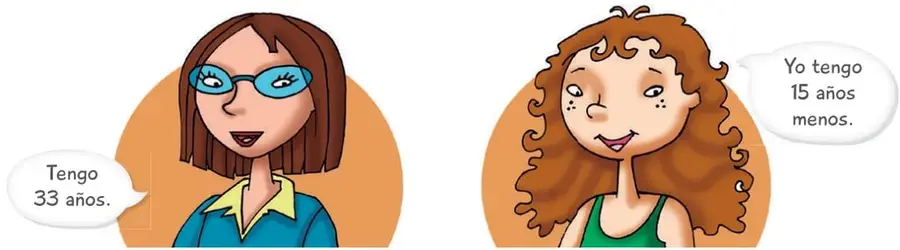 Ilustración de dos mujeres: una con lentes y polera azul que dice «Tengo 33 años» y otra de pelo rizado que dice «Yo tengo 15 años menos».