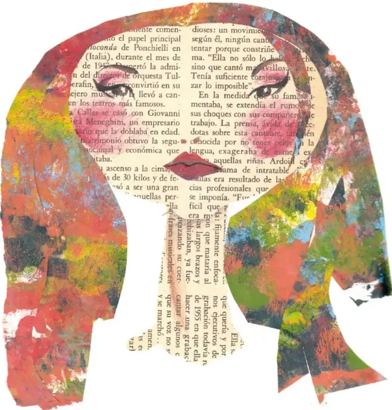 Ilustración de un rostro femenino formado con recortes de periódico y pintura de colores vivos (rojo, amarillo, verde, azul). El cabello y el rostro están construidos con texto periodístico, lo que sugiere collage artístico y diversidad de voces.