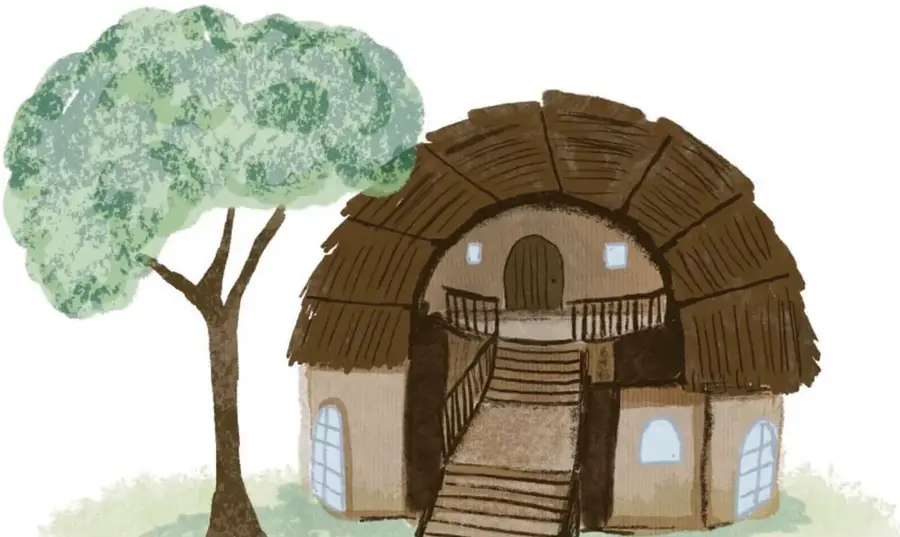 Ilustración de una casa de bioconstrucción con techo de paja, paredes de adobe, escaleras y ventanas, junto a un árbol.
