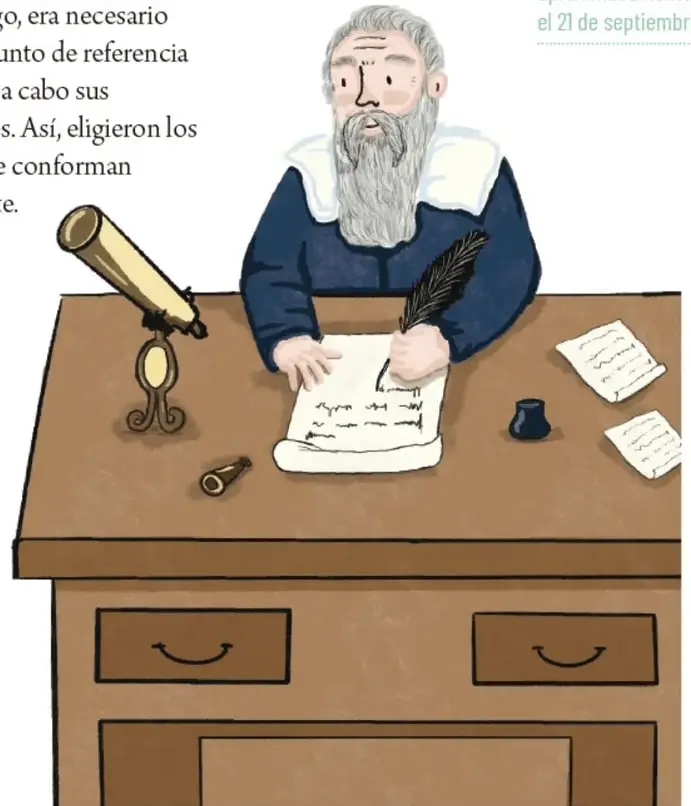 Ilustración de un astrónomo anciano con barba blanca, túnica azul y cuello blanco, escribiendo con una pluma sobre un pergamino en un escritorio de madera. A su izquierda hay un telescopio sobre un soporte y a su derecha un tintero y hojas de papel.