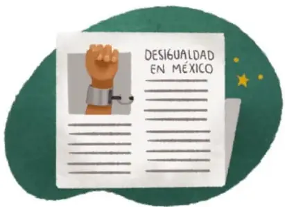 Periódico con el titular 'Desigualdad en México' y un puño levantado.
