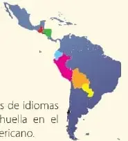 Mapa de Latinoamérica que ubica visualmente algunas lenguas precolombinas mediante colores.