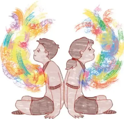 Ilustración de un niño y una niña sentados espalda con espalda con alas de colores brillantes. Crédito: Sarah Esther Legorreta Medrano, COLMNA.