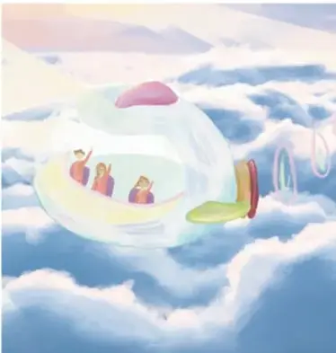 Ilustración de una burbuja o cápsula del tiempo flotando entre nubes con tres niños en su interior, como cierre de la narrativa de los crononautas.