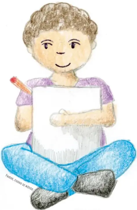 Ilustración de un niño sentado con las piernas cruzadas, sosteniendo un lápiz y una hoja de papel, con expresión amable.