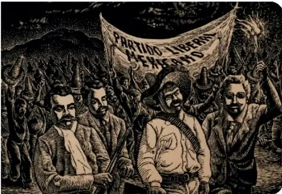 Grabado en blanco y negro que muestra a un grupo de personas, algunas con armas, sosteniendo una manta con la leyenda "PARTIDO LIBERAL MEXICANO".