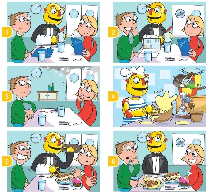 Historieta de 6 viñetas titulada 'Who's the chef?'. En las viñetas 1, 2, 3, 5 y 6 Beep actúa como mesero de smoking; en la viñeta 4 aparece con gorro de chef batiendo una mezcla en un bol mientras Robbie cocina al fondo.