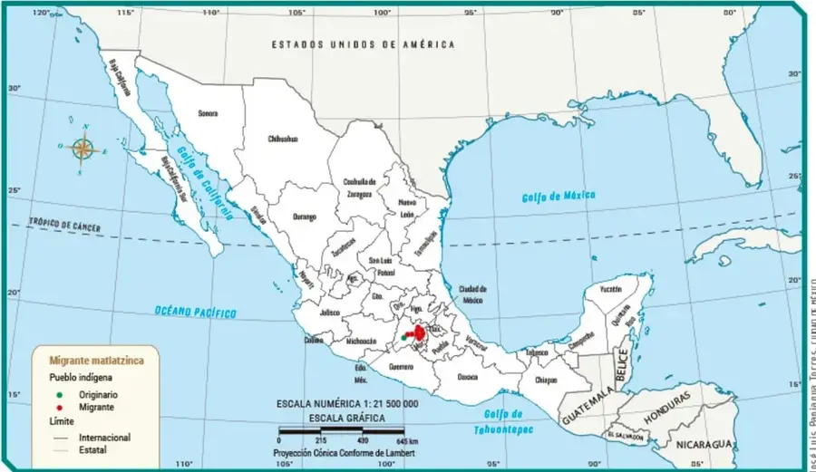 Mapa titulado "Ubicación originaria de los matlatzincas y lugares de migración": mapa de México con el punto originario (verde) y migrante (rojo) en el Estado de México; leyenda, escala numérica 1:21 500 000 y proyección cónica conforme de Lambert. Fuente: José Luis Palafox, Tlamatini, México.