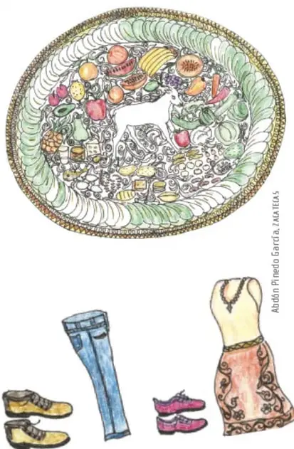 Dibujo firmado por Adolfo Pinedo García, de Aguascalientes: un platón ovalado muy decorado lleno de frutas, verduras y un animal blanco en el centro, rodeado abajo por dibujos de ropa y calzado (pantalón de mezclilla, vestido, zapatos), alusivos a las necesidades básicas.