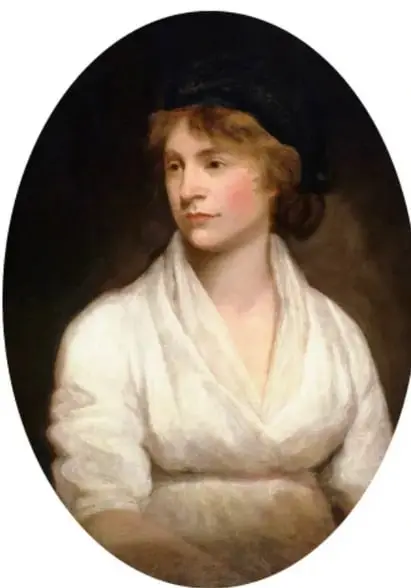 Retrato ovalado de Mary Wollstonecraft, filósofa británica, con vestimenta blanca y cabello recogido.