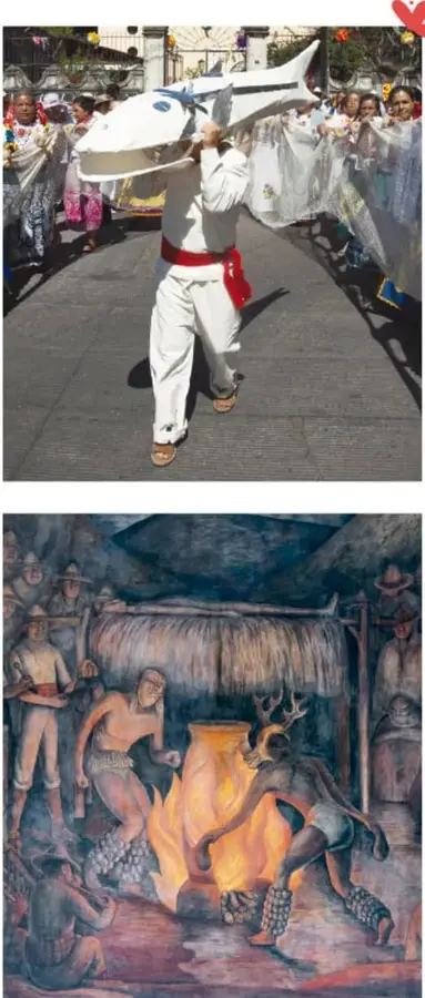 Danzante vestido de tigre (traje amarillo con manchas negras y máscara de felino) hace girar una cuerda como látigo en medio de la calle, entre gente con sombreros de paja.