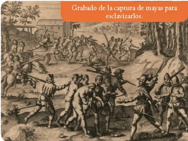Grabado de la captura de mayas para esclavizarlos: escena de violencia con españoles armados sometiendo a indígenas.