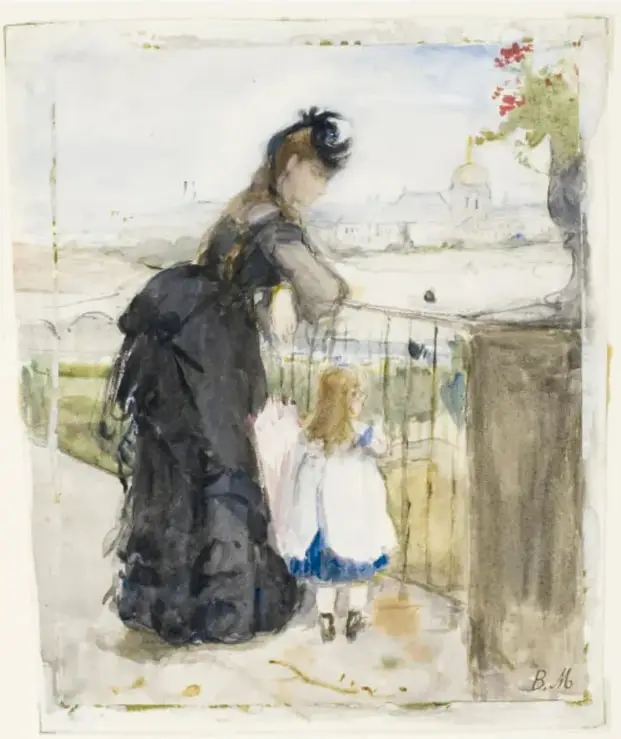 Acuarela 'En el balcón' (1871-1872) de Berthe Morisot: una mujer de negro apoyada en un balcón con una niña pequeña a su lado, mirando la ciudad.