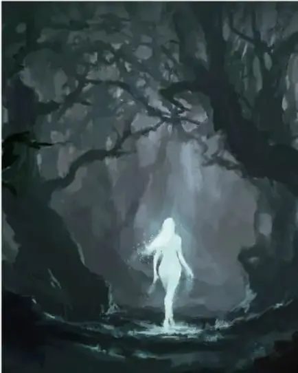 Ilustración artística de una figura luminosa caminando por un sendero misterioso en un bosque, ilustrando el cuento 'El obstáculo'.